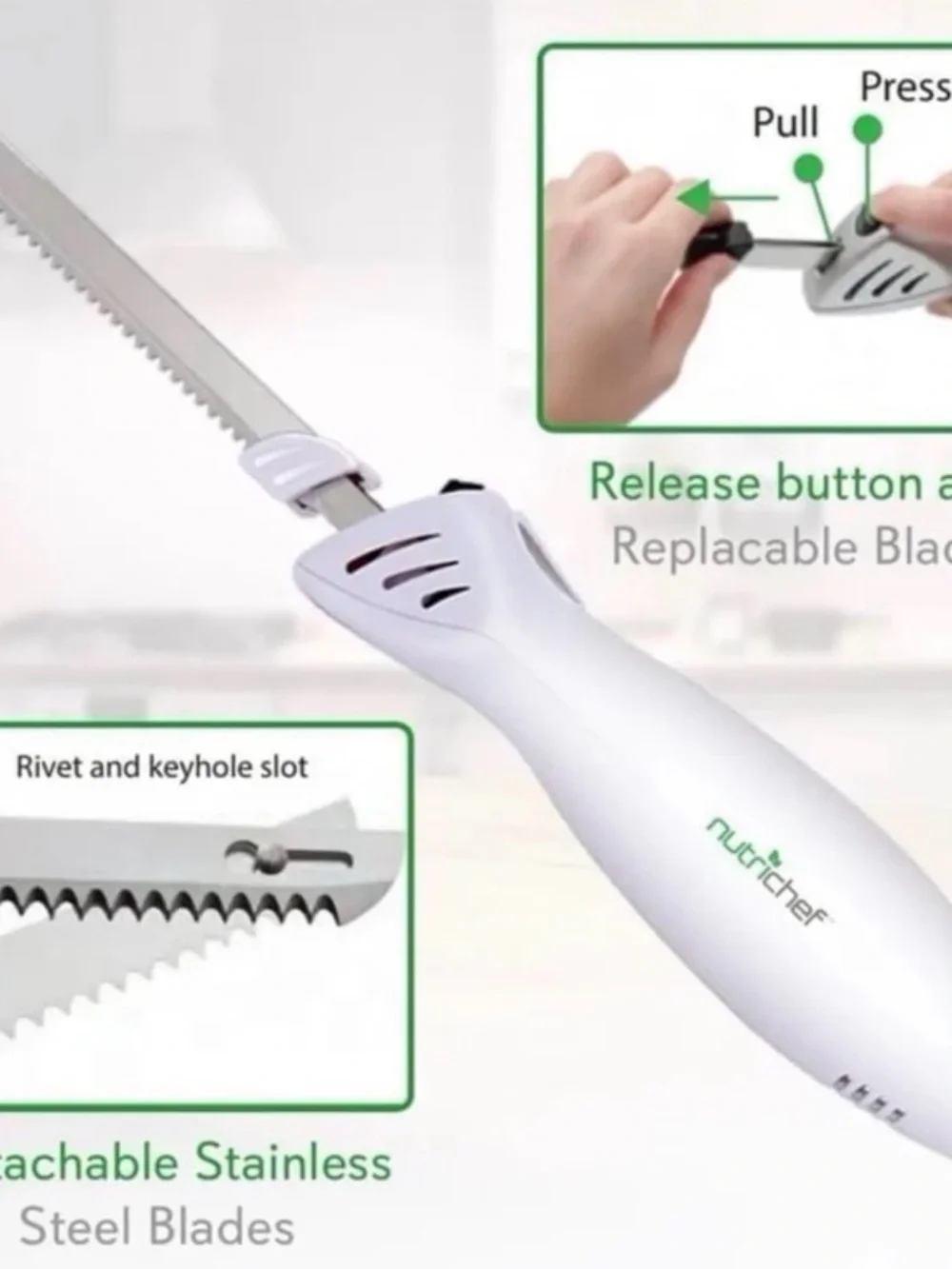 Nutrichef Electric Carving Knife Set with Wooden Block - White